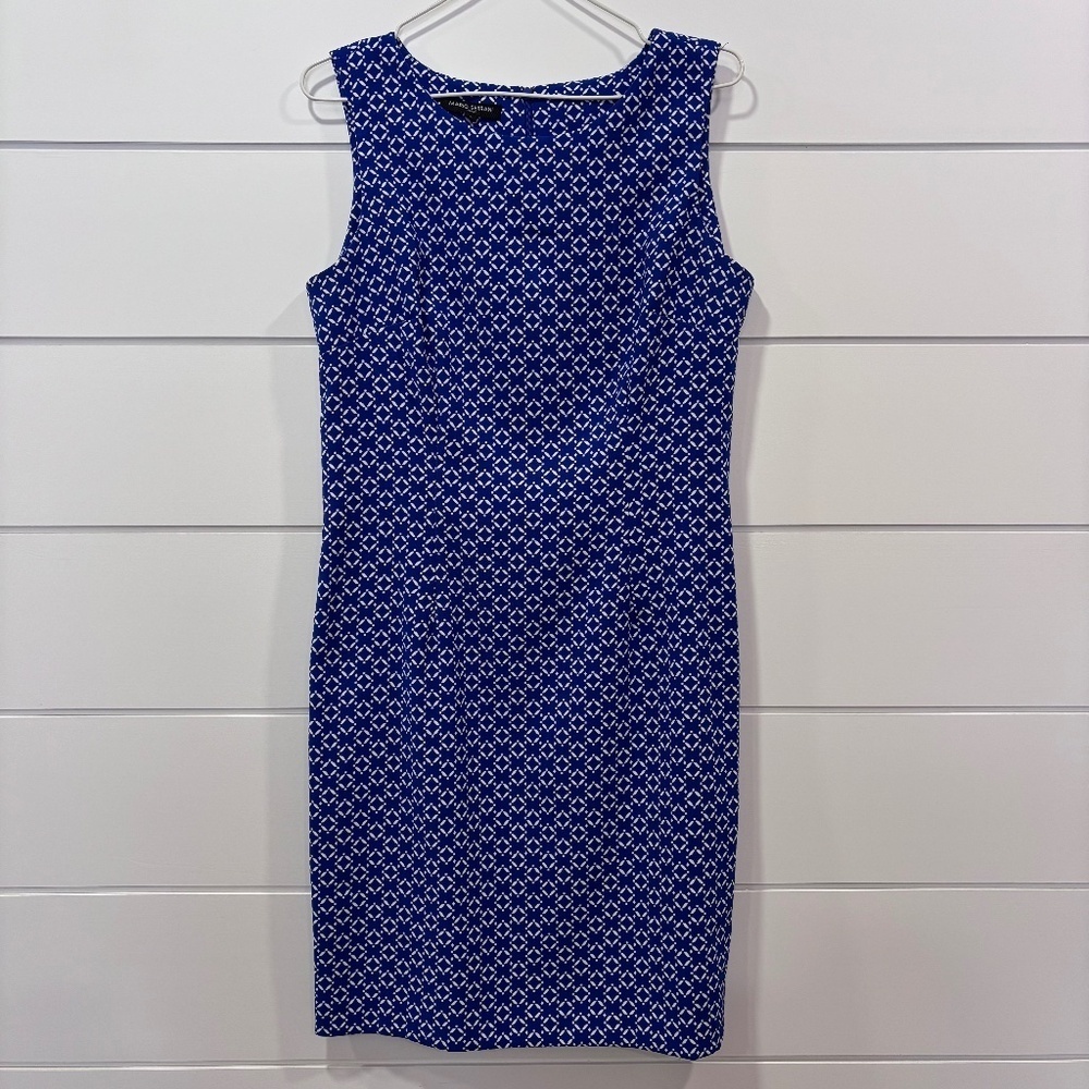 Mario Serrani Italy blue with white pattern crew neck sheath dress size 8